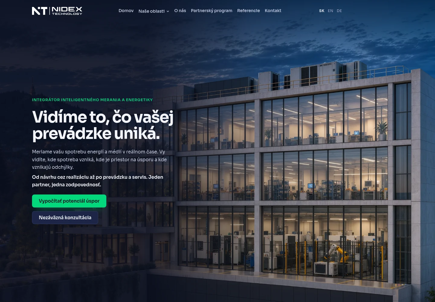 Web Nidex Technology s budovou a úvodným vysvetlením merania energií