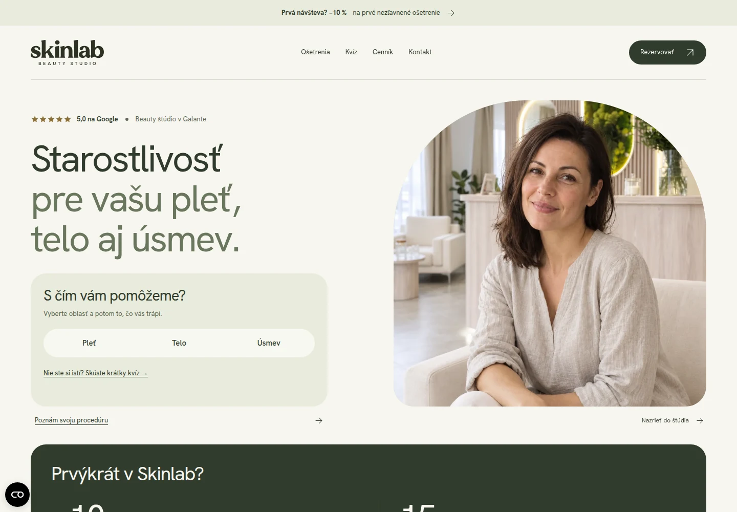 Úvodná stránka beauty štúdia Skinlab s výberom oblasti ošetrenia